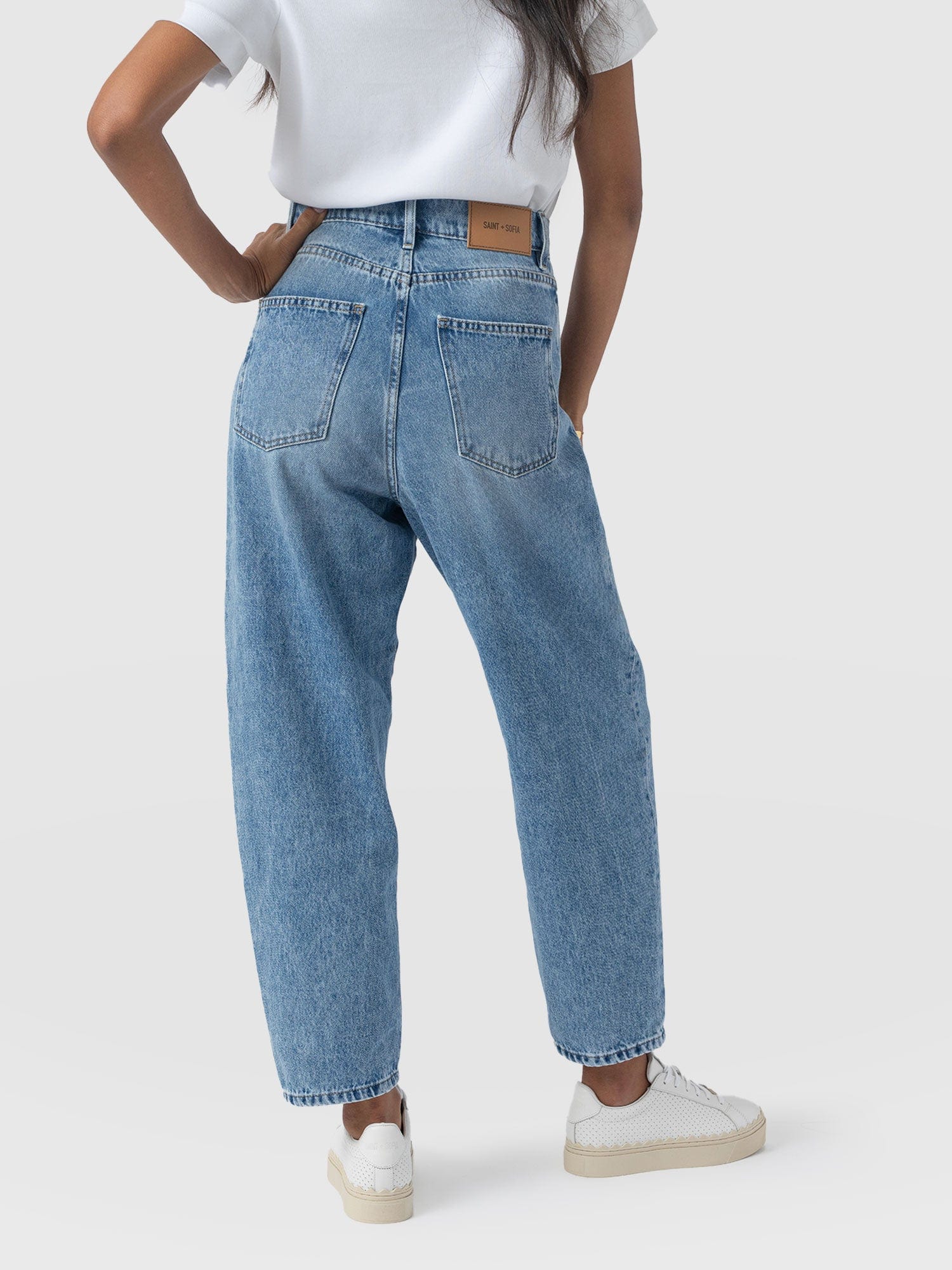 Barrel Leg Jean - Mid Blue - Women's Denims | Saint + Sofia® USA